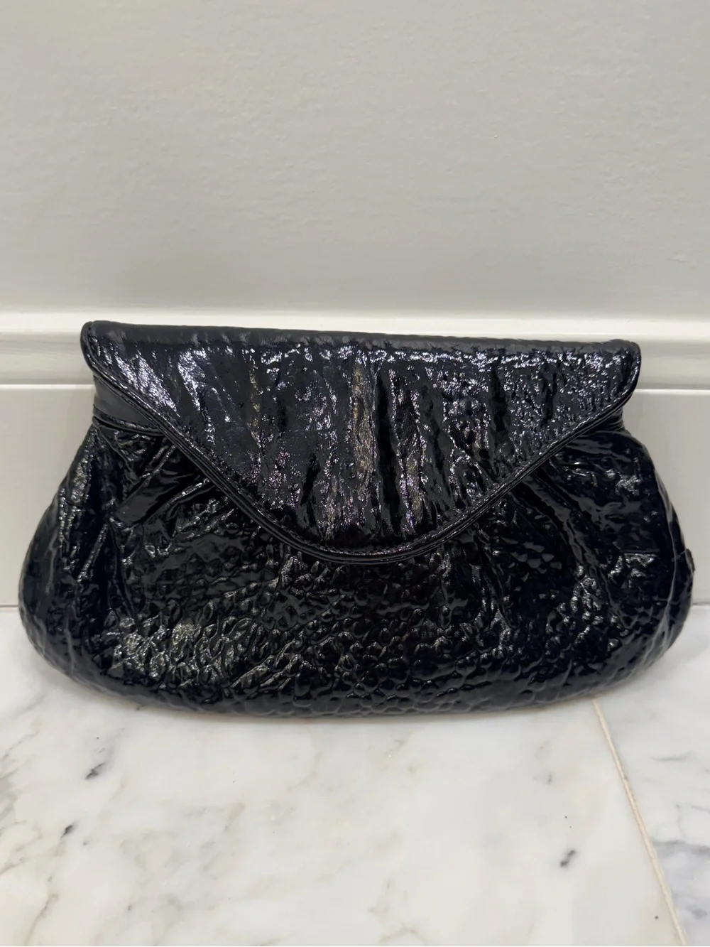 Lauren Merkin Black Patent Textured Envelope Clutch